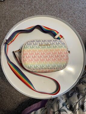 Michael Kors Rainbow MK Logo Crossbody - White with Multicolor Strap